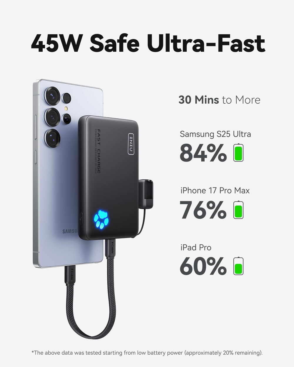 45W Fast Charging Portable Charger, 40% Smaller 10000mAh with Detachable Cable, Flight-Safe Travel Power Bank, USB C External Phone Battery Pack for iPhone 17 16 Pro iPad Samsung S26 Google etc