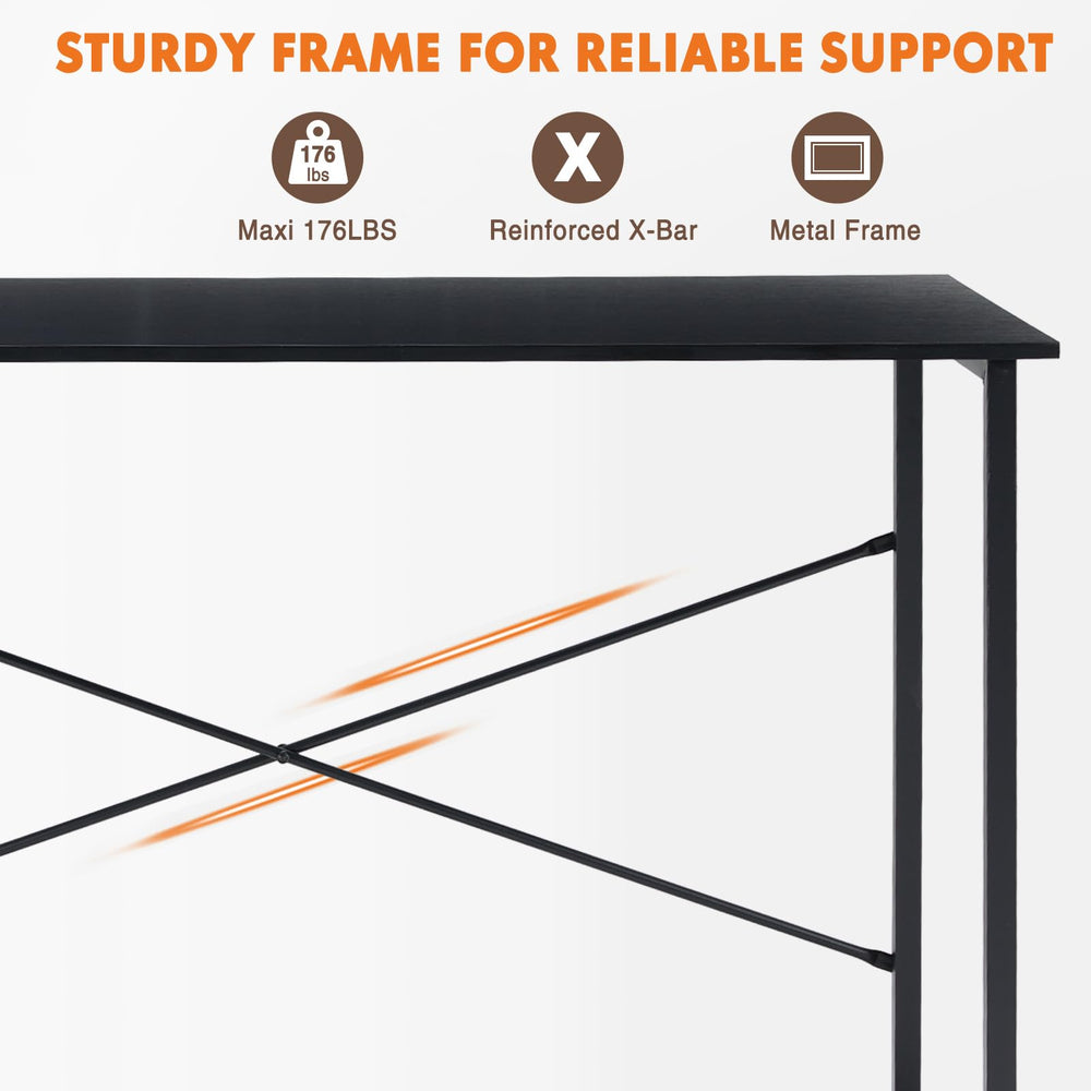 Sweetcrispy Computer Office Desk 48 Inch Student Study Writing Work with Metal Frame Wood Tabletop Modern Simple PC Home Bedroom Table - Basic Black, Compact Sturdy Desk for Laptop, Study, Gaming
