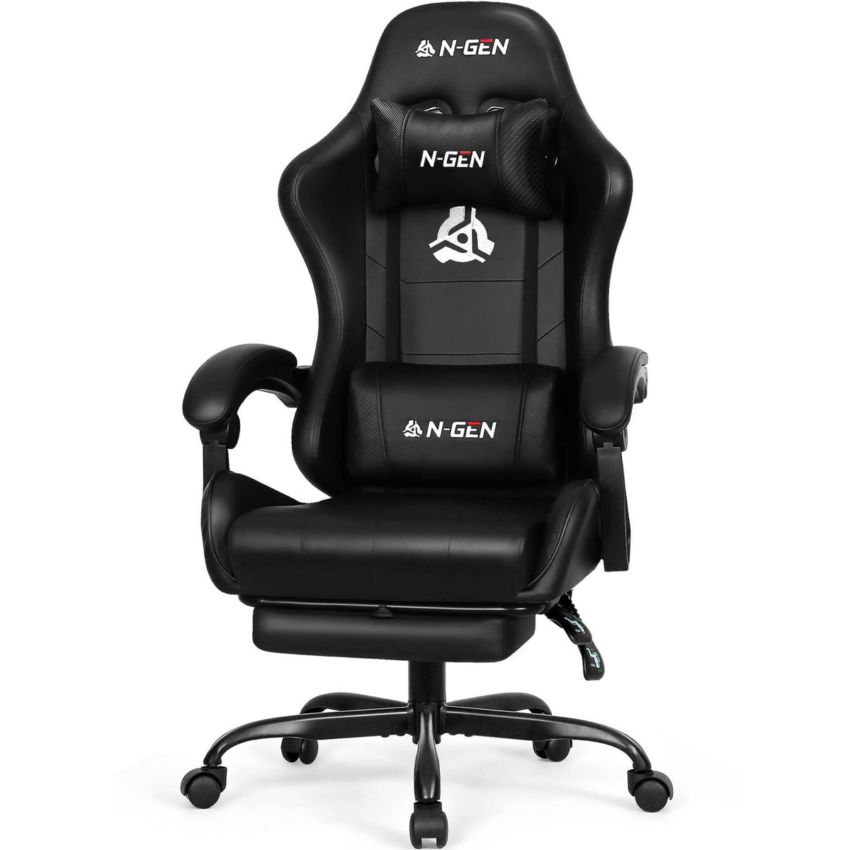 N-GEN GAMING Video Gaming Chair with Footrest Lumbar Support for Home Office High Back Recliner Height Adjustable Ergonomic Comfy Leather Computer Desk Chair (Carbon Black)