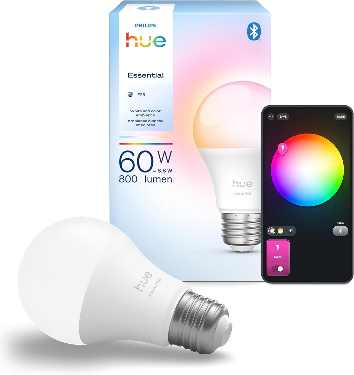 Essential Smart LED A19 Bulb, White and Color Ambiance, E26 Base, 8.8W, 2200K-6500K, 800 Lumens, Dimmable, Works with Alexa, Google, and Apple Home, 1-Pack