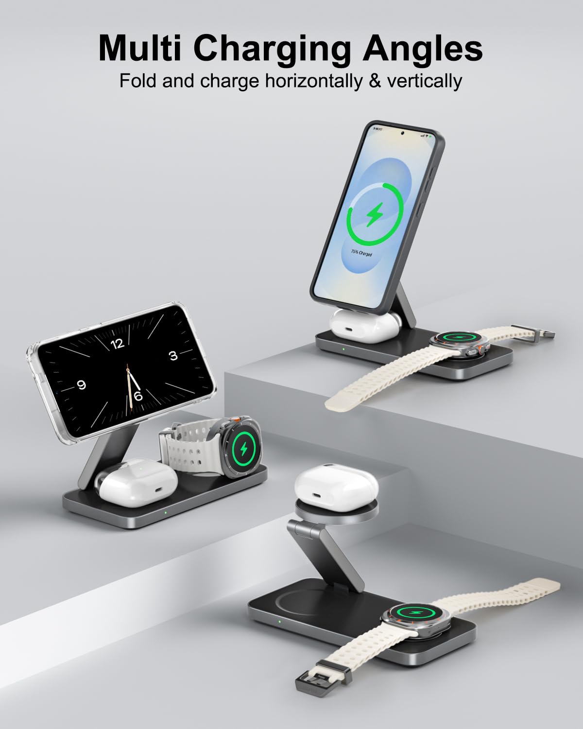 3-in-1 Charging Station for Samsung, Magnetic Fast Wireless Charger Stand Compatible with MagSafe for Galaxy S26/S25/S24/S23/Z Fold/Flip Series, Galaxy Watch Ultra/8/7/6/5, Galaxy Buds Pro/4/3/2