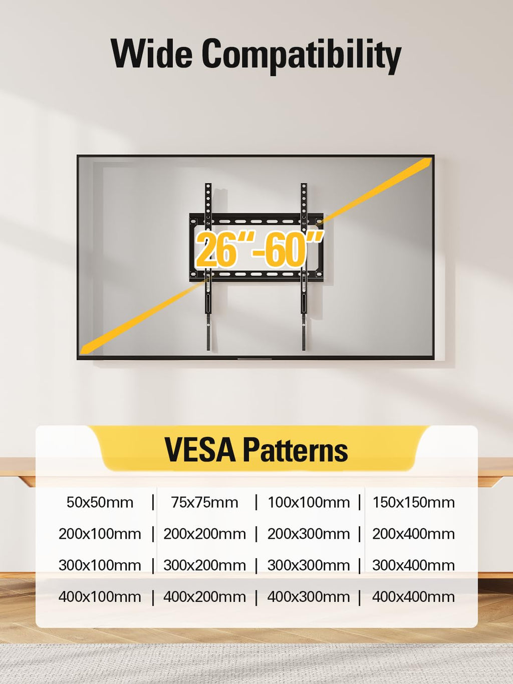 TV Mount Fixed for Most 26-60 Inch LED, LCD and Plasma TVs, TV Wall Mount TVs Bracket up to VESA 400x400mm and 100 LBS Loading Capacity, Low Profile and Space Saving Flat Mount MD2361-K