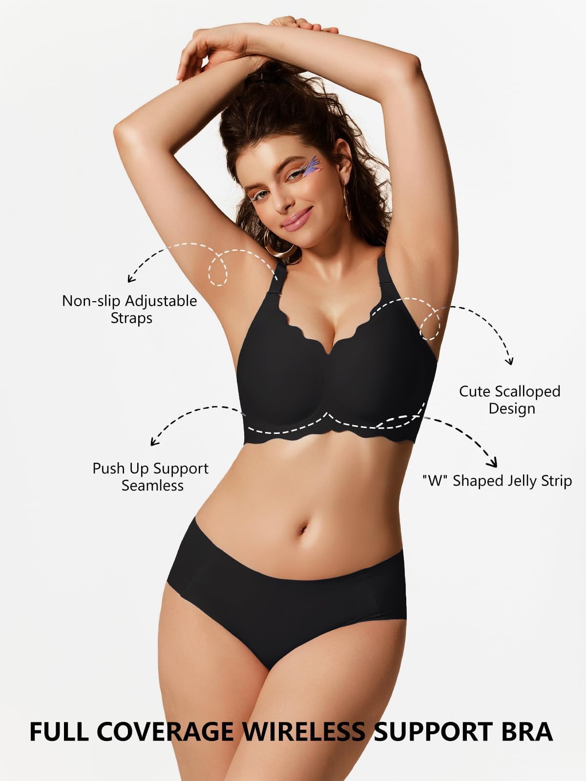 Jelly Bras for Women No Underwire Scalloped Push Up Wireless Bralettes Seamless Soft Comfort Everyday Tshirt Bra Black Large