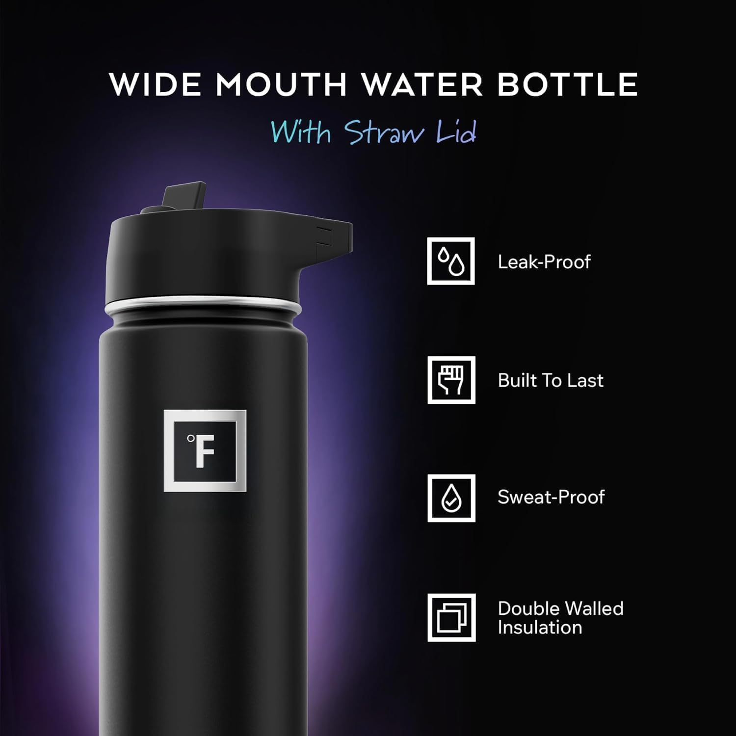 Camping & Hiking Hydration Flask with Straw, Wide Mouth Insulated Stainless Steel Sports Water Bottle - 40 oz Midnight Black