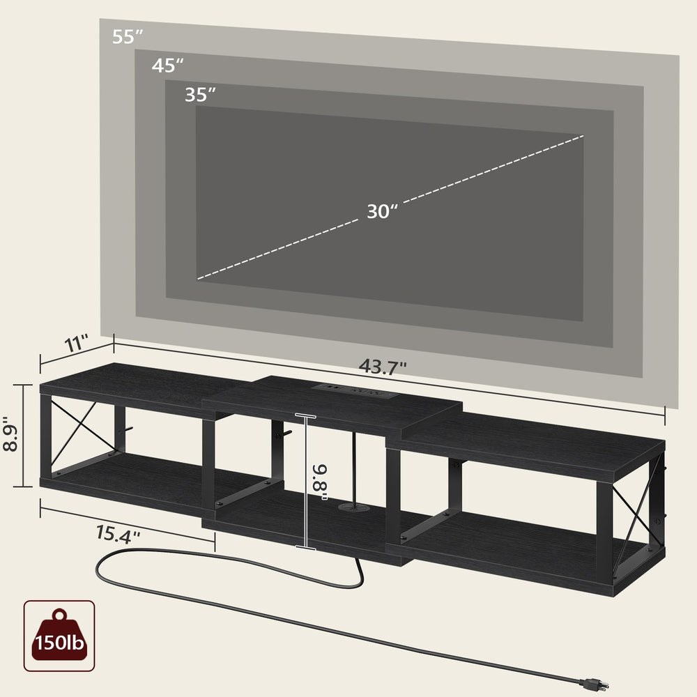 43.7” Floating TV Stand with Power Outlet, Wall-Mounted Entertainment Center, Floating Metal Frame Media Console Shelf for Under TV Storage, for Living Room, Bedroom, Black TVHB101E01