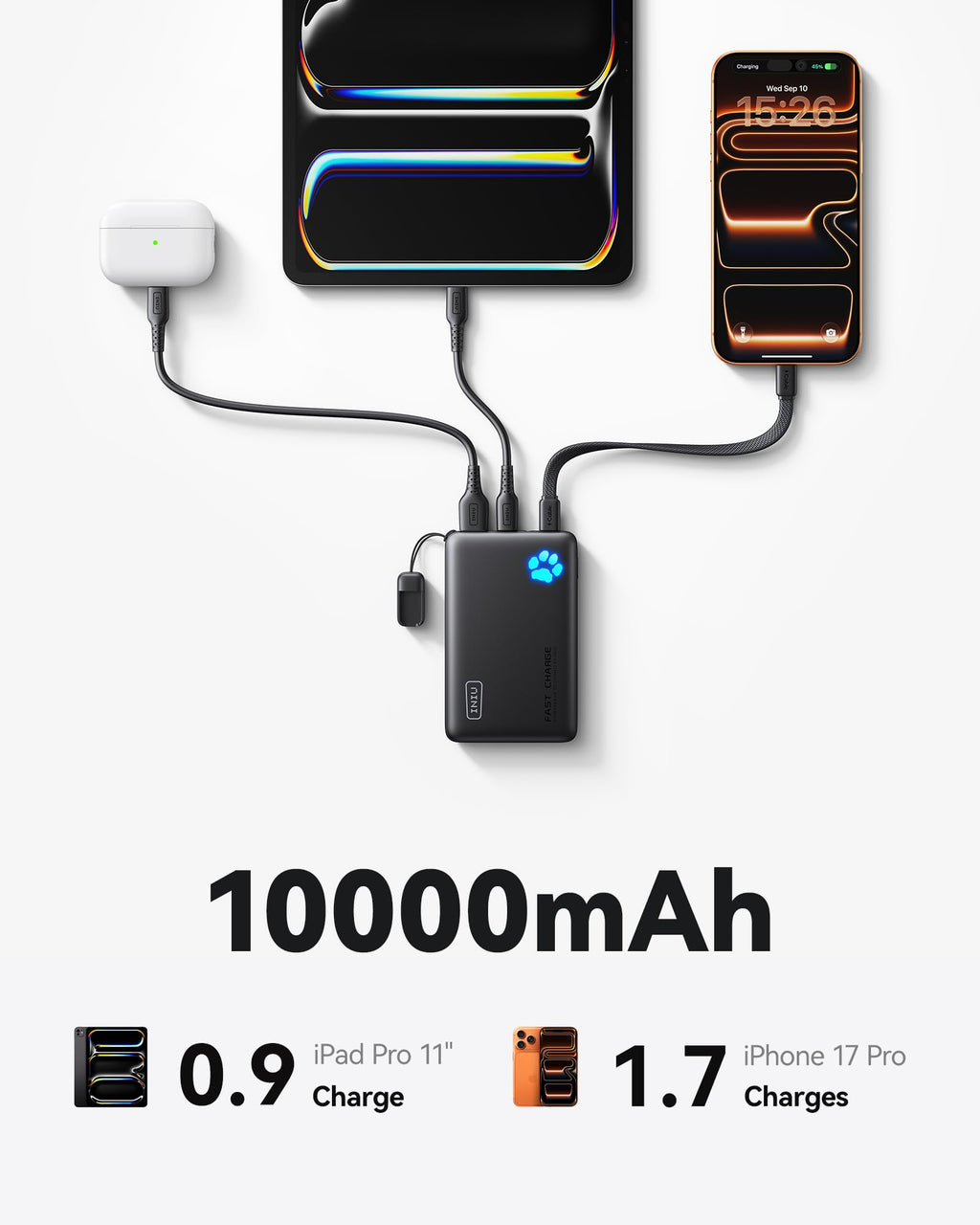 45W Fast Charging Portable Charger, 40% Smaller 10000mAh with Detachable Cable, Flight-Safe Travel Power Bank, USB C External Phone Battery Pack for iPhone 17 16 Pro iPad Samsung S26 Google etc