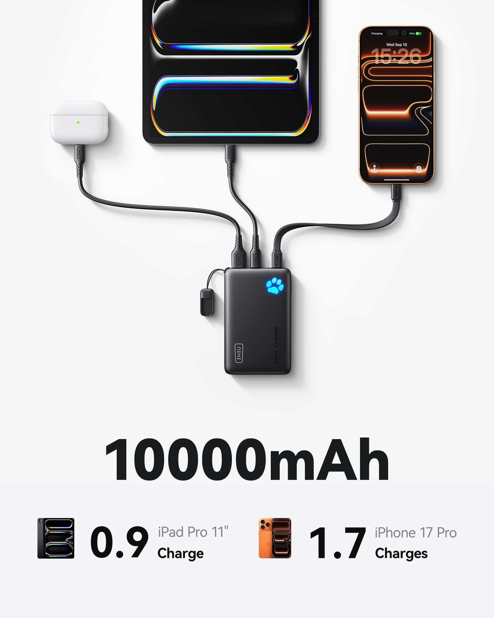 45W Fast Charging Portable Charger, 40% Smaller 10000mAh with Detachable Cable, Flight-Safe Travel Power Bank, USB C External Phone Battery Pack for iPhone 17 16 Pro iPad Samsung S26 Google etc