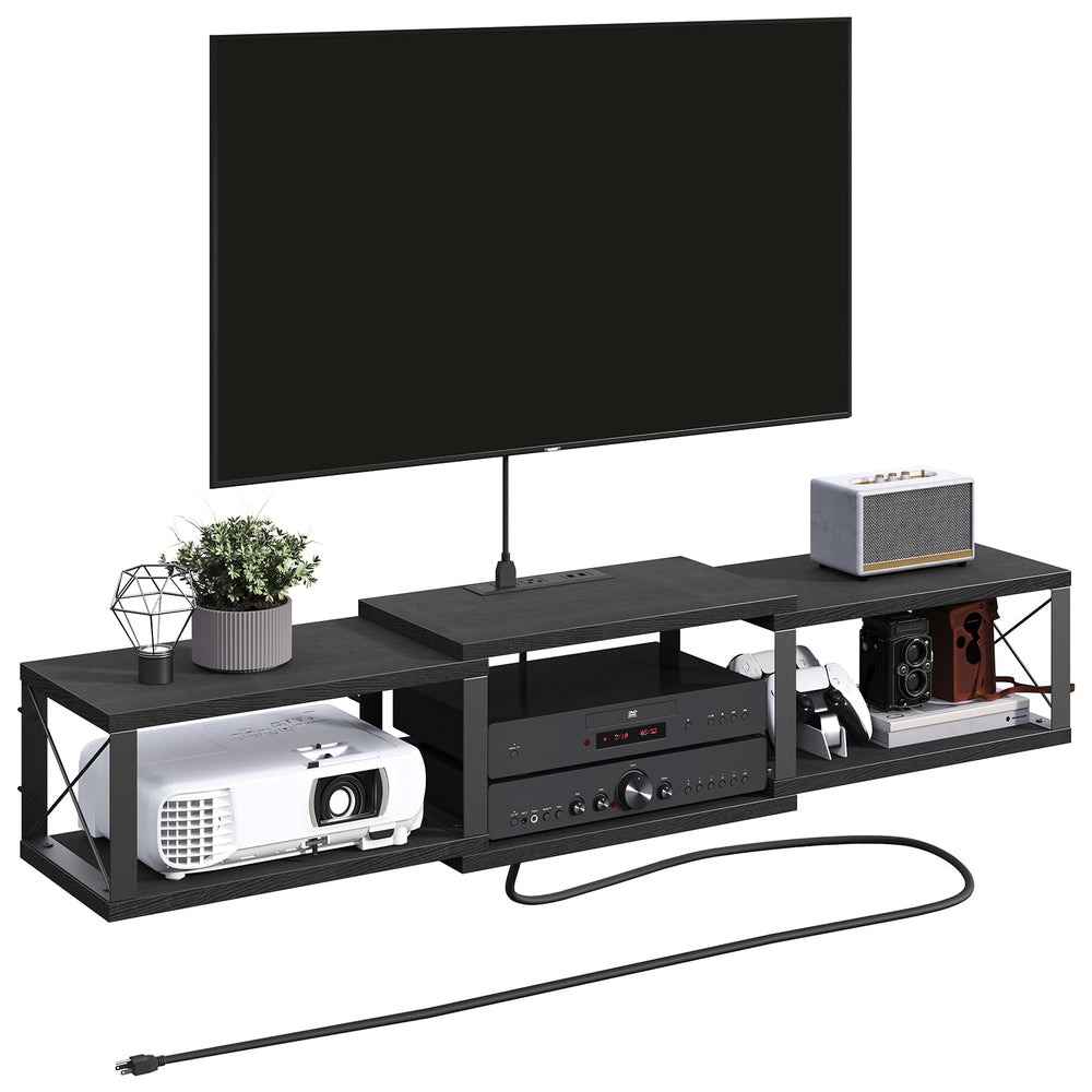 43.7” Floating TV Stand with Power Outlet, Wall-Mounted Entertainment Center, Floating Metal Frame Media Console Shelf for Under TV Storage, for Living Room, Bedroom, Black TVHB101E01
