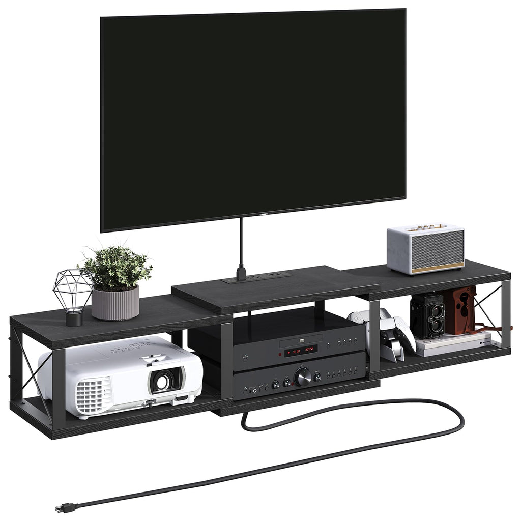 43.7” Floating TV Stand with Power Outlet, Wall-Mounted Entertainment Center, Floating Metal Frame Media Console Shelf for Under TV Storage, for Living Room, Bedroom, Black TVHB101E01