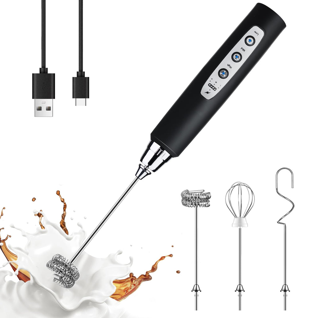 Black Handheld Milk Frother Wand for Coffee, Rechargeable Electric Whisk with 3 Heads 3 Speeds Drink Mixer Coffee Frother For Latte, Cappuccino, Hot Chocolate, Egg