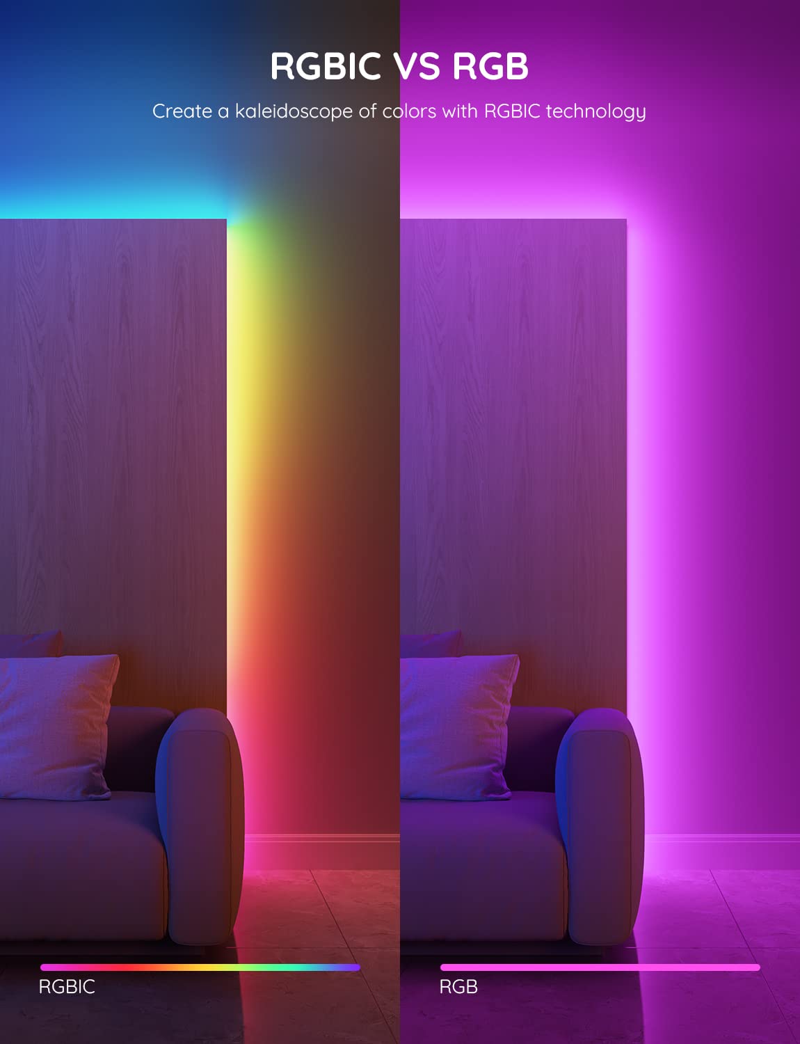 RGBIC LED Strip Lights, Smart LED Lights for Bedroom, Bluetooth LED Lights APP Control, DIY Multiple Colors on One Line, Color Changing LED Strip Lighting Music Sync, Home Decor, 16.4ft