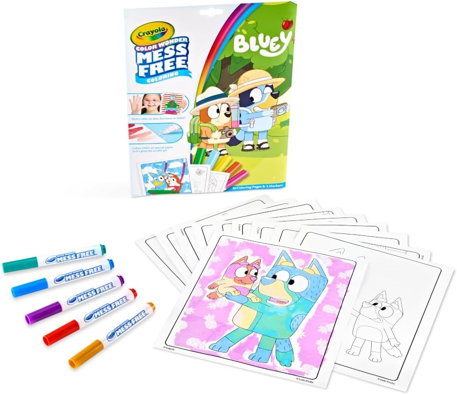 Bluey Color Wonder Coloring Set, 18 Mess Free Toddler Coloring Pages & 5 Markers, Bluey Activity Set for Kids, Gift for Toddlers, Ages 3+