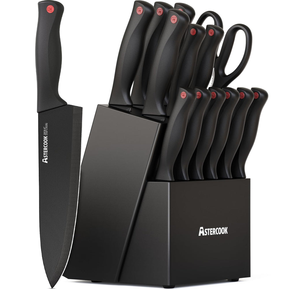 Knife Set, Astercook 15 Pieces Knife Sets for Kitchen with Block, Dishwasher Safe Kitchen Knife Set with Built in Sharpener Block, German Stainless Steel Kitchen Utensils Set