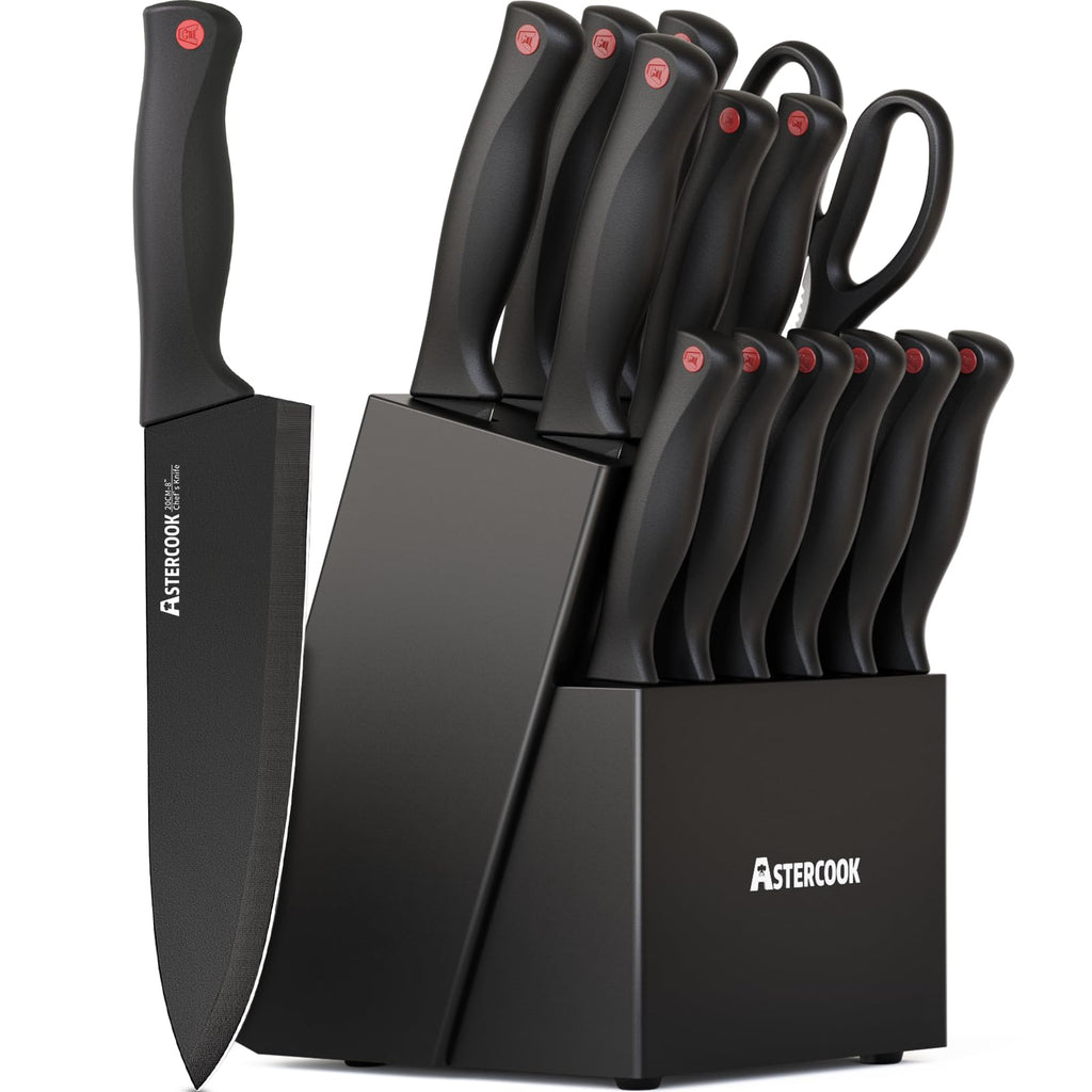 Knife Set, Astercook 15 Pieces Knife Sets for Kitchen with Block, Dishwasher Safe Kitchen Knife Set with Built in Sharpener Block, German Stainless Steel Kitchen Utensils Set