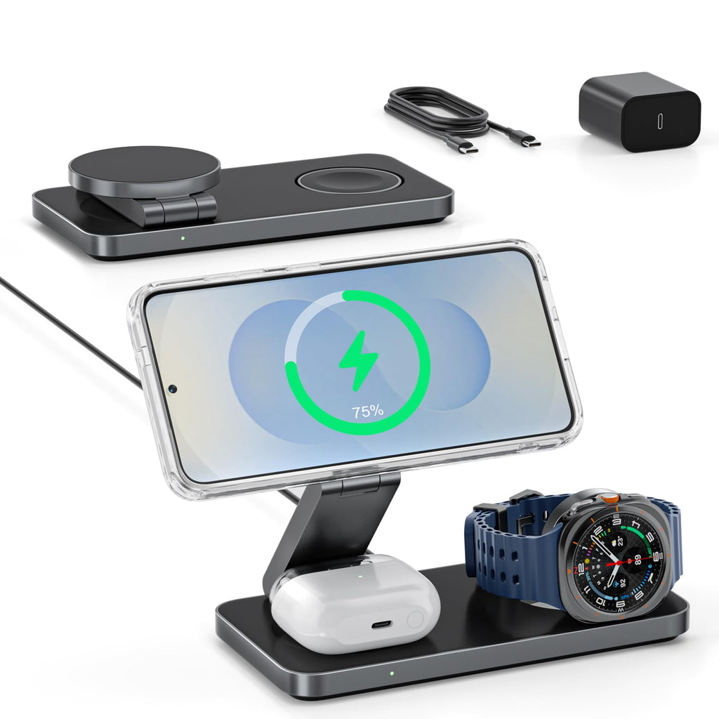 3-in-1 Charging Station for Samsung, Magnetic Fast Wireless Charger Stand Compatible with MagSafe for Galaxy S26/S25/S24/S23/Z Fold/Flip Series, Galaxy Watch Ultra/8/7/6/5, Galaxy Buds Pro/4/3/2