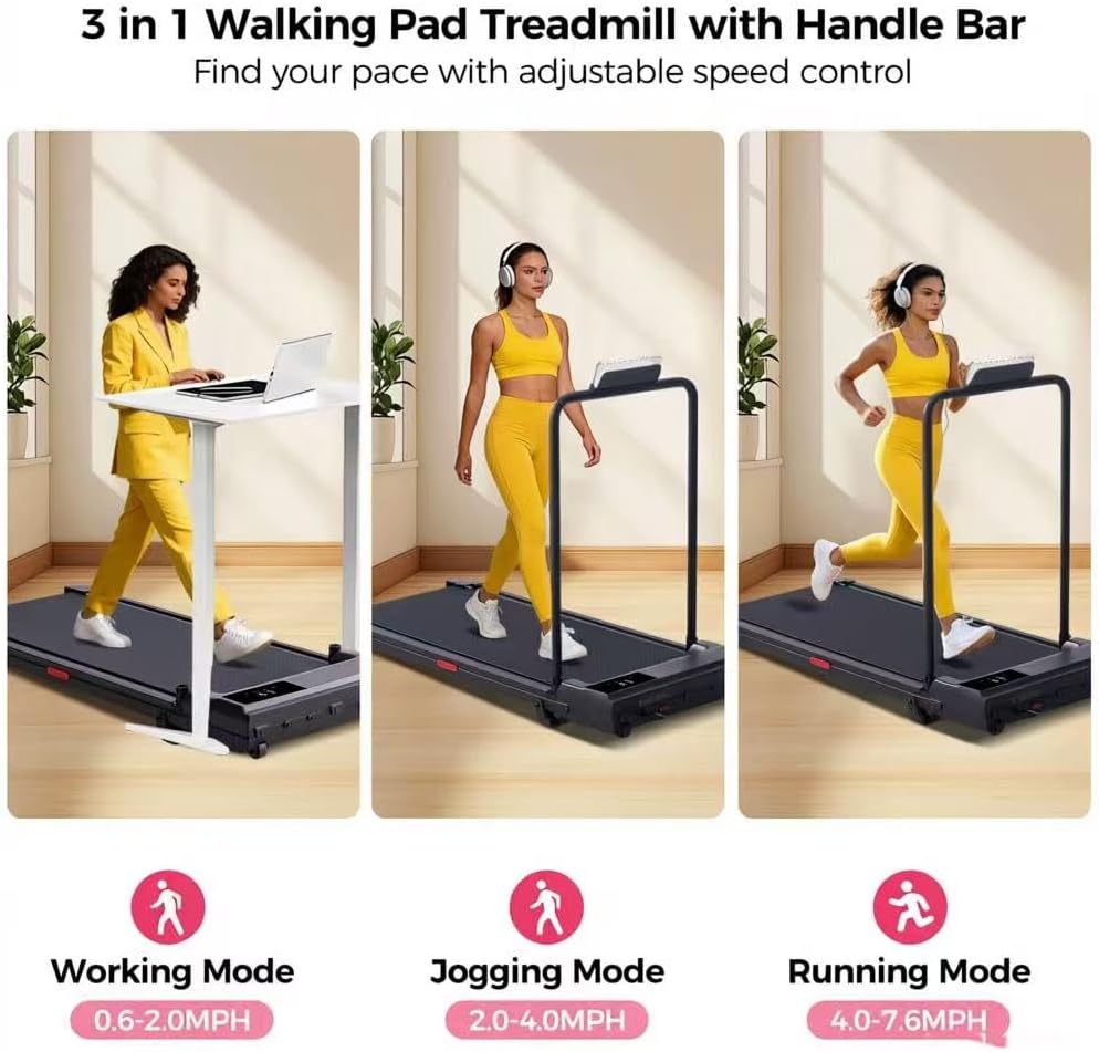 Walking Pad with Handle Bar, 2026 Upgrade Small Walking Pad Treadmill with Incline, 3.0HP Portable Under Desk Treadmill with Handles for Home Small, 0.6-7.6MPH, 350LBS.