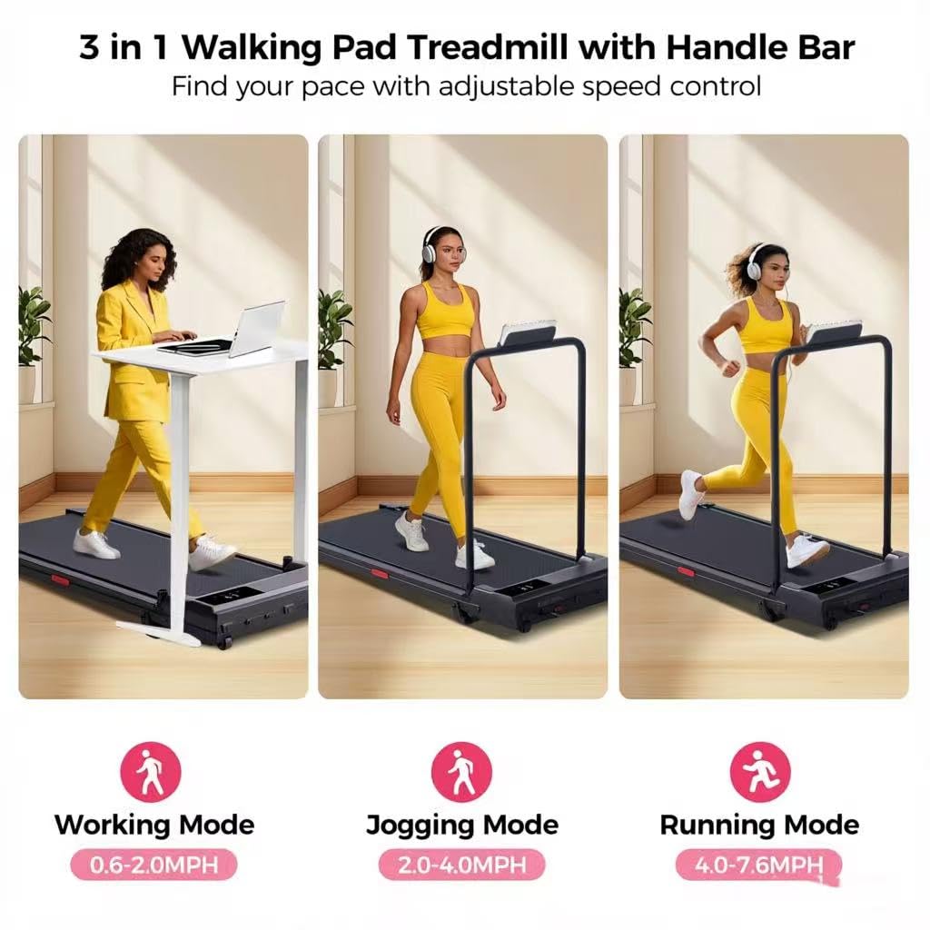 HevGlrm Walking Pad with Handle Bar, 2026 Upgrade Small Walking Pad Treadmill with Incline, 3.0HP Portable Under Desk Treadmill with Handles for Home Small, 0.6-7.6MPH, 350LBS.