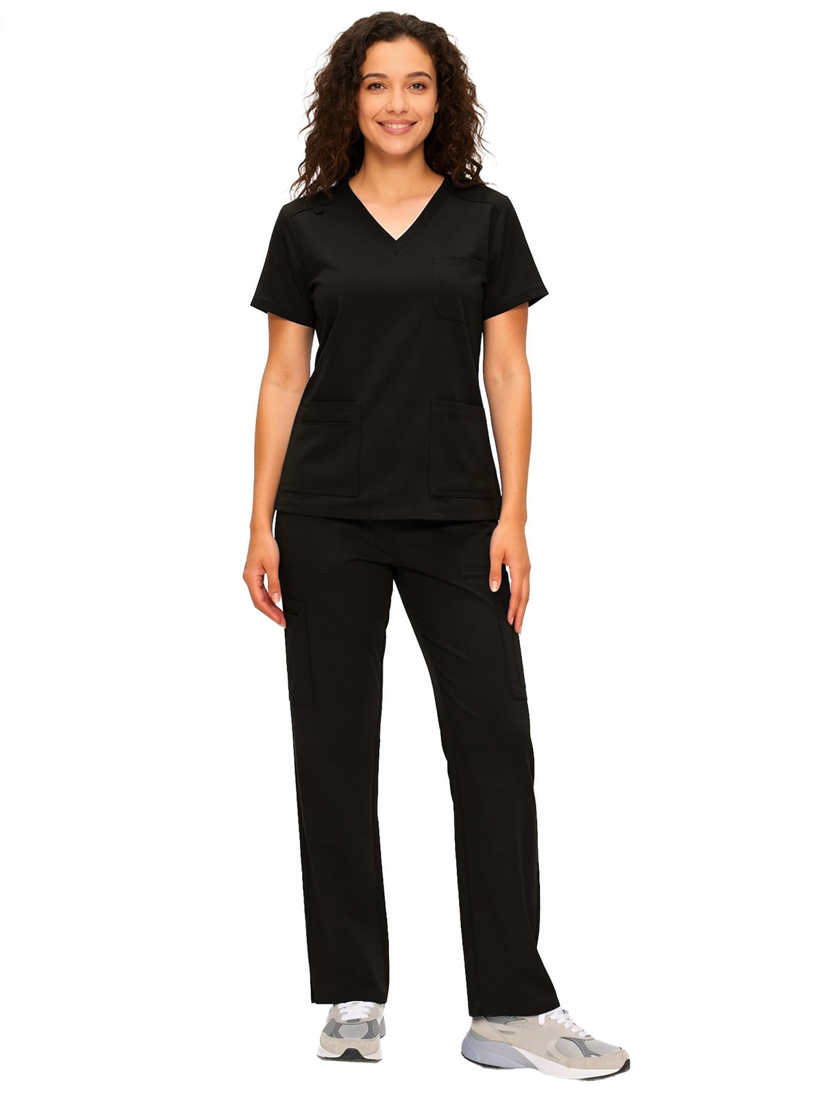 COZYFIT Scrubs for Women - COZY SCRUBS V Neck Top and Cargo Straight Pants, Womens Scrub Sets with 12 Pockets, Black, M