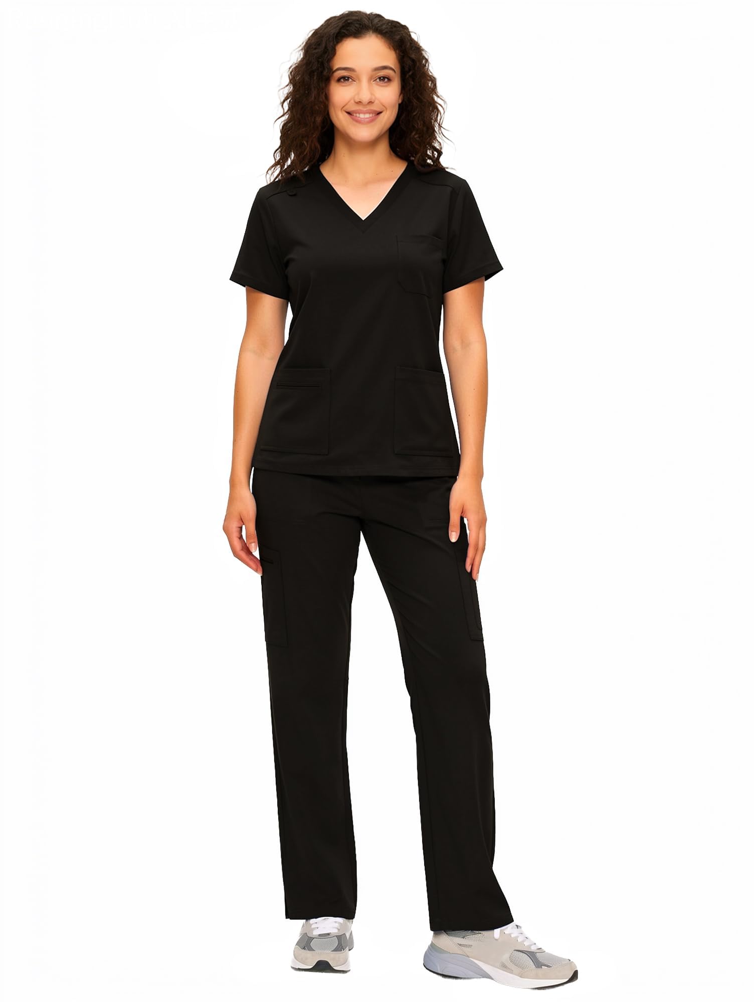 Scrubs for Women - COZY SCRUBS V Neck Top and Cargo Straight Pants, Womens Scrub Sets with 12 Pockets, Black, M