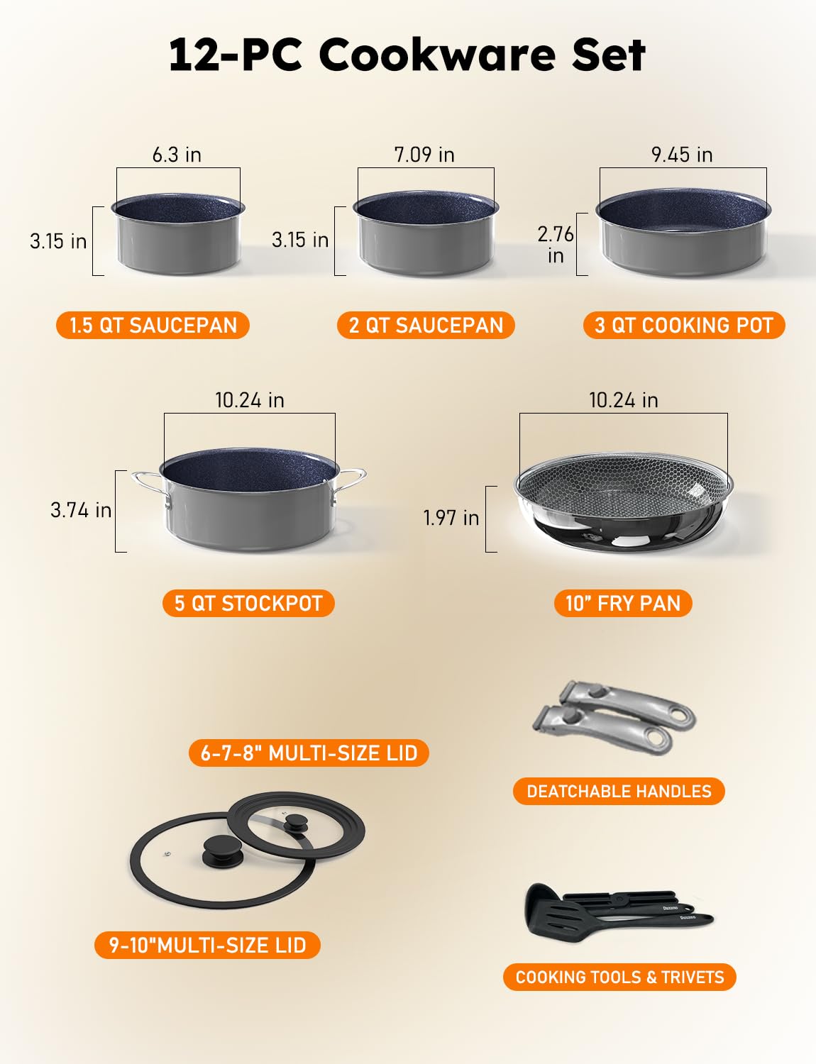 Pro Ceramic Pots and Pans Set & 2026 Upgraded Hybrid 3-Ply Stainless Steel Frypan, 2X Non Stick, High Heat Sear, PFAS PTFE PFOA Free Non Toxic Induction Cookware,Removable Handle,Oven Safe,12PC