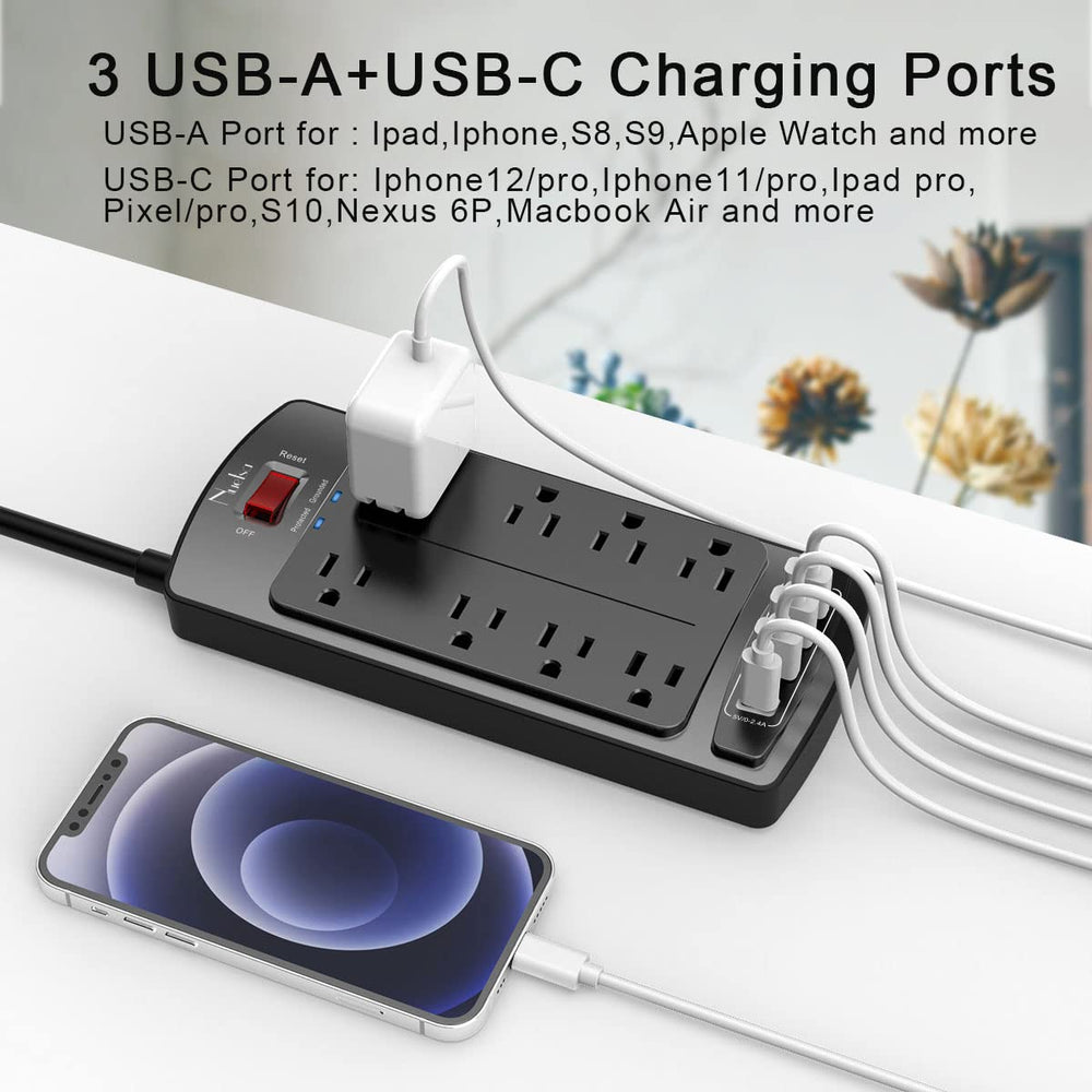 Surge Protector Power Strip - Nuetsa Flat Plug Extension Cord with 8 Outlets and 4 USB Ports, 6 Feet Power Cord, 2700 Joules, ETL Listed, Black