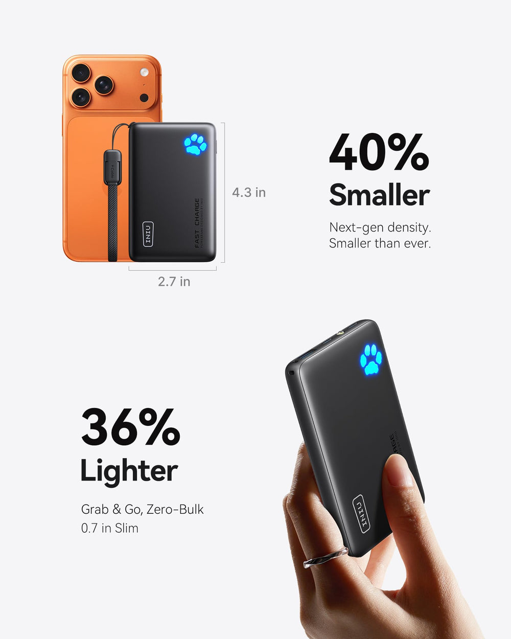 45W Fast Charging Portable Charger, 40% Smaller 10000mAh with Detachable Cable, Flight-Safe Travel Power Bank, USB C External Phone Battery Pack for iPhone 17 16 Pro iPad Samsung S26 Google etc