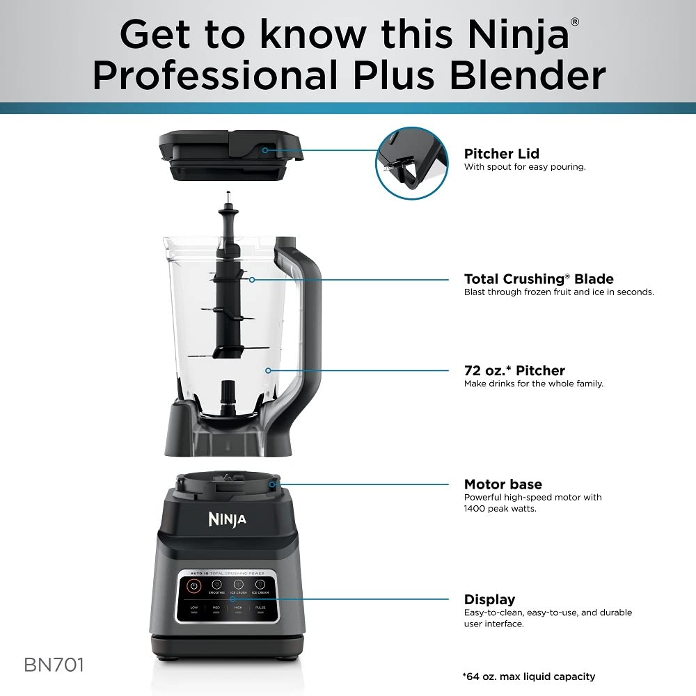 Ninja Professional Plus Blender with Auto-iQ | Smoothie and Ice Cream Maker, Frozen Drink Mixer, Margarita Machine | 3 Auto-iQ Presets, 1400W, 72-oz. Total Crushing Pitcher | Dark Grey | BN701