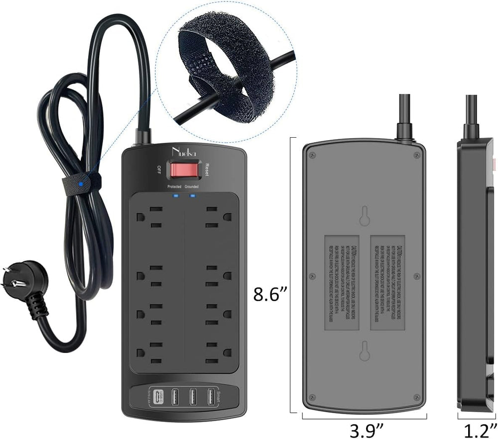 Surge Protector Power Strip - Nuetsa Flat Plug Extension Cord with 8 Outlets and 4 USB Ports, 6 Feet Power Cord, 2700 Joules, ETL Listed, Black