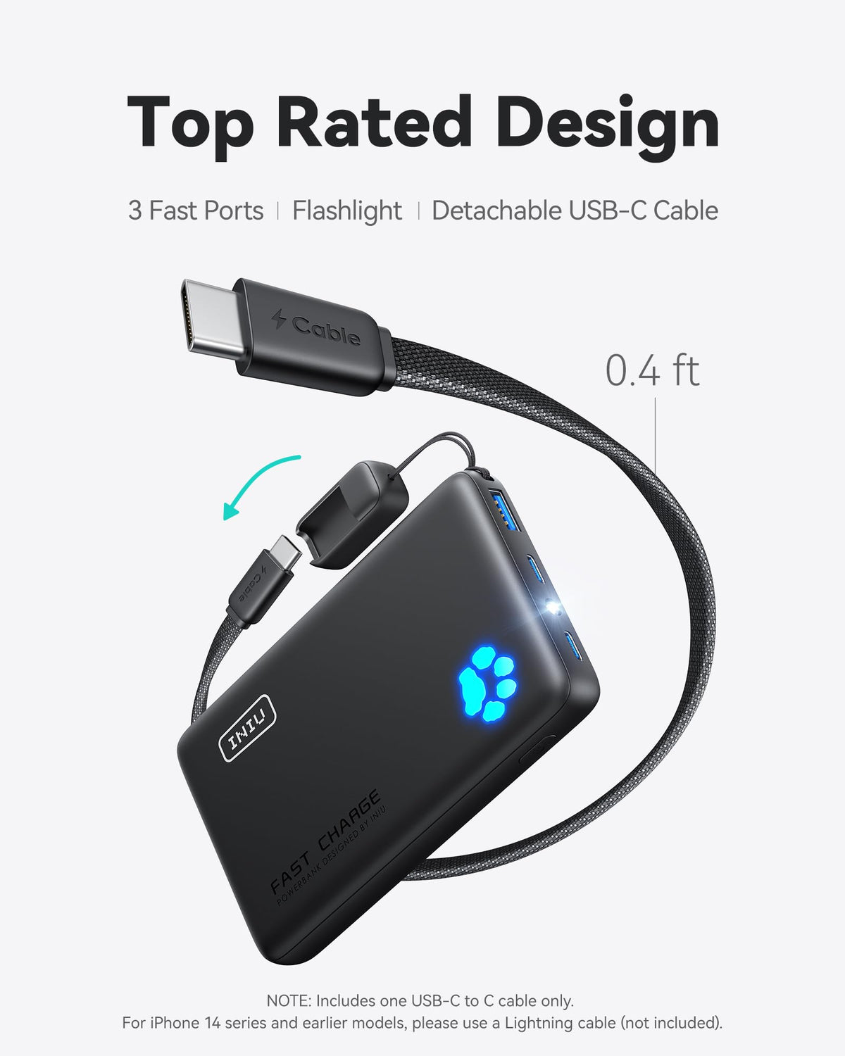 45W Fast Charging Portable Charger, 40% Smaller 10000mAh with Detachable Cable, Flight-Safe Travel Power Bank, USB C External Phone Battery Pack for iPhone 17 16 Pro iPad Samsung S26 Google etc