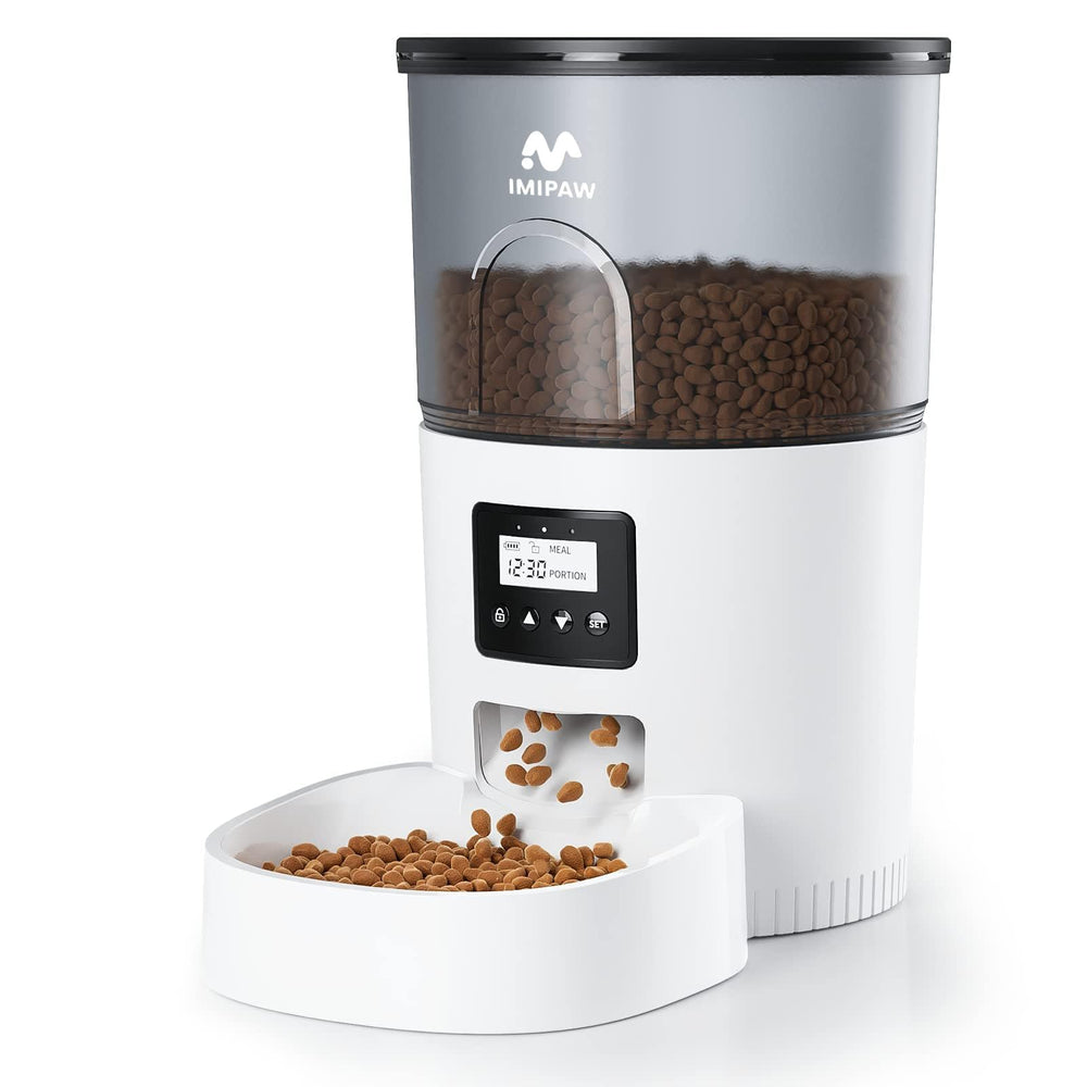 Automatic Cat Feeders, Timed Cat Dry Food Dispenser with Desiccant Bag, Dual Power Supply, Programmable Portion Size, 6 Meals, 20 Portions Per Day, Auto Pet Feeder for Cats and Small Dog, White