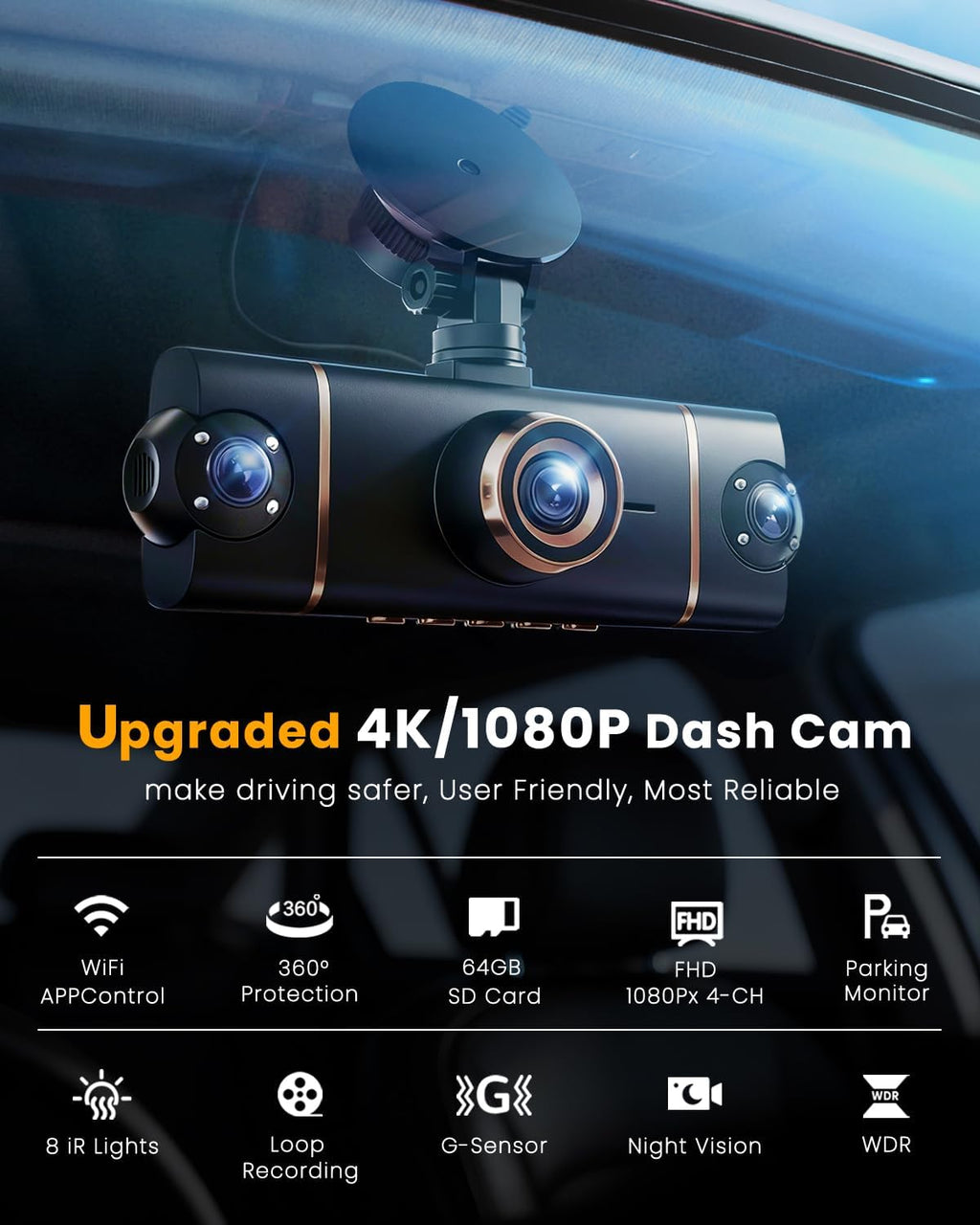 XYGCACO 4 Channel 360° Dash Cam Front Rear Inside and Left Right, 4K+1080P*3 FHD Car Camera, 5GHz WiFi and App Control, 24H Parking Mode, 8 IR Lamps Night Vision, Includes 64GB SD Card, Black