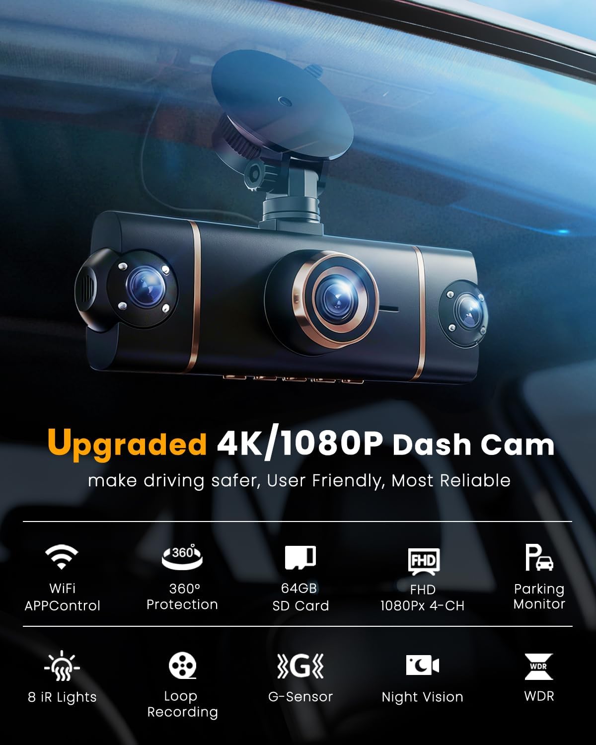 XYGCACO 4 Channel 360° Dash Cam Front Rear Inside and Left Right, 4K+1080P*3 FHD Car Camera, 5GHz WiFi and App Control, 24H Parking Mode, 8 IR Lamps Night Vision, Includes 64GB SD Card, Black