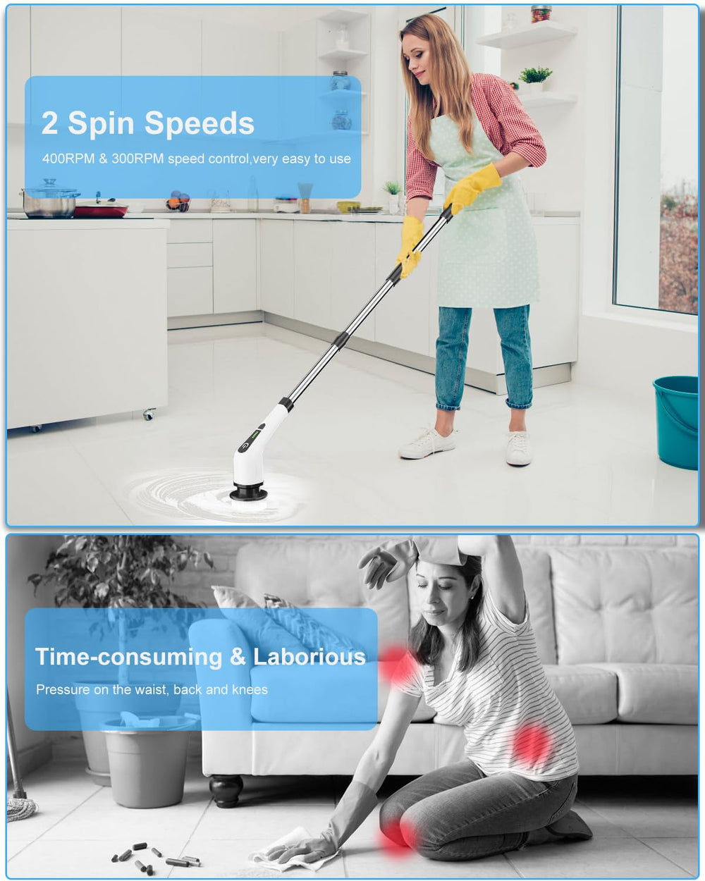Electric Spin Scrubber, Cordless Cleaning Brush with 8 Replaceable Brush Heads, Tub and Floor Tile 360 Power Scrubber Dual Speed with Adjustable & Detachable Handle for Bathroom Kitchen Car