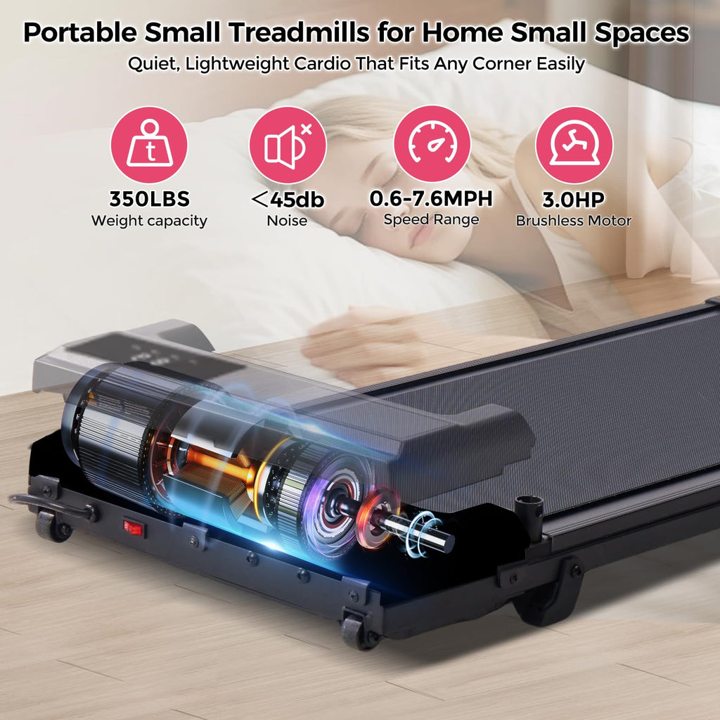 Walking Pad with Handle Bar, 2026 Upgrade Small Walking Pad Treadmill with Incline, 3.0HP Portable Under Desk Treadmill with Handles for Home Small, 0.6-7.6MPH, 350LBS.