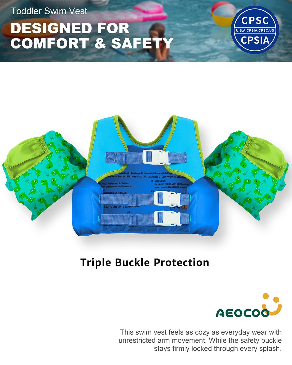 AEOCOO Puddle Float Jumper 20-30-50 Pounds, Toddler Swim Vest for 1-3-5 Years Old, Pool Floats with Swimming Arm Floaties Swim Jacket with Water Wings for Kids Swimmies, Boys, Girls, Niños, Dinosaur