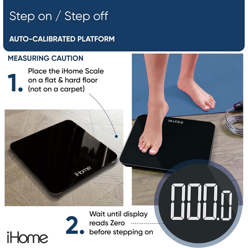 []iHome Digital Scale, Bathroom Scale, Batteries Included, Scale Body Weight, Weight Scale, Bathroom Scales for Weight, Digital Scales for Body Weight (Black)