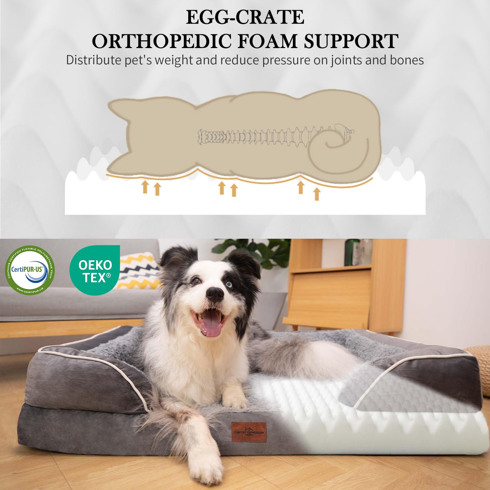 Orthopedic Dog Bed for Extra Large Dogs 42x30 Inch, Waterproof Egg Crate Foam XL Pet Bed with Removable Bolsters, Dog Couch with Washable Cover & Non-Slip Bottom, Grey