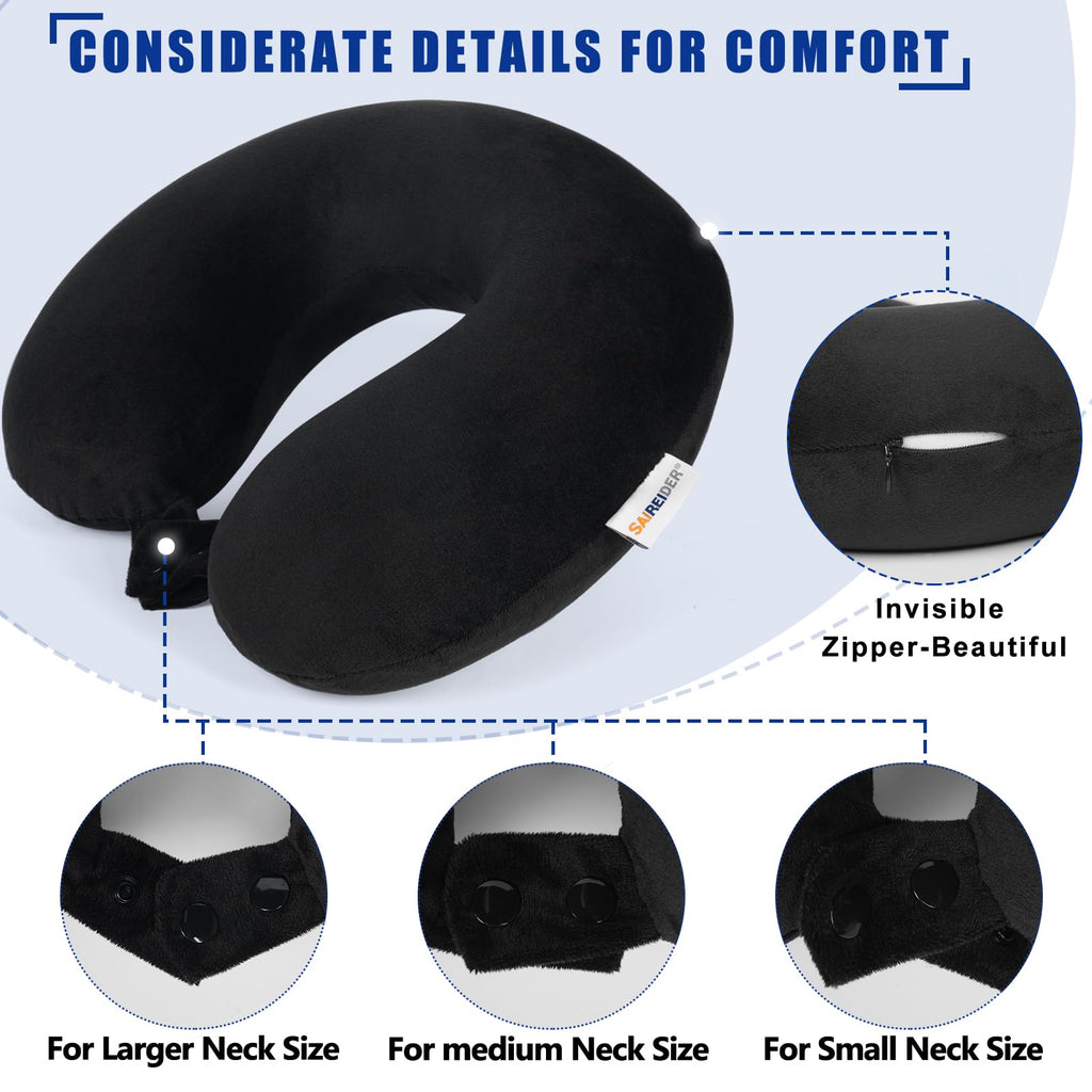 Travel Pillow 100% Pure Memory Foam Travel Neck Pillow, Airplane Pillow for Traveling、Car、Home、Office，Washable Cover（Black）