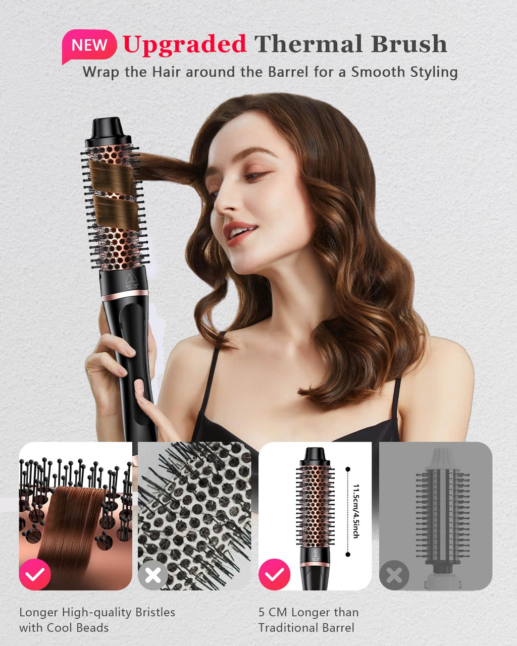[]5 in 1 Curling Iron & Thermal Brush Set with 4 Interchangeable Ceramic Barrels (0.35”-1.25”) Fast Heat Dual Voltage Travel Hair Tools Birthday Gift for Women - Hair Curler Wand Kit for Curls & Blowout