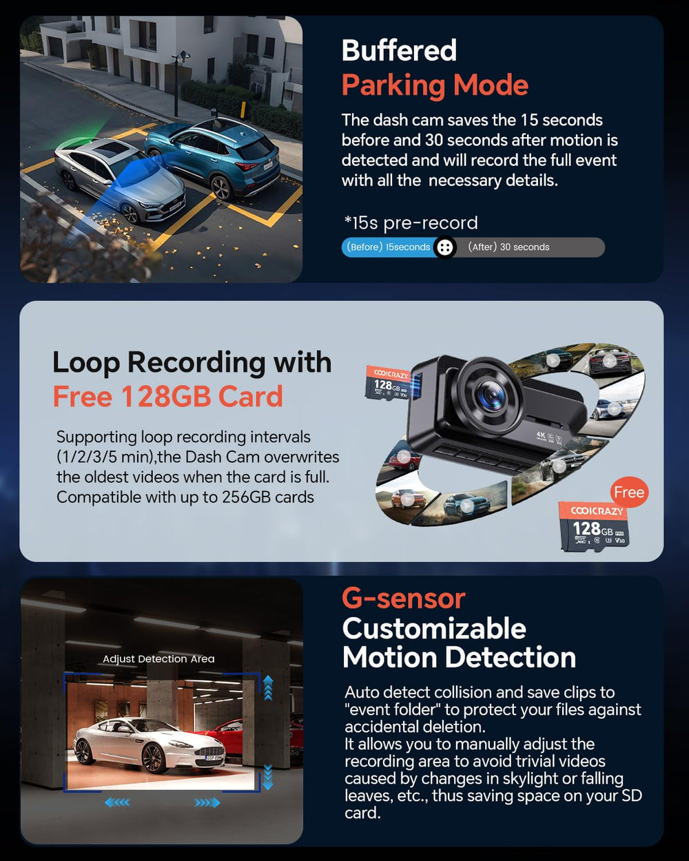4K Dash Cam Front and Rear, STARVIS Sensor, Free 128GB Card Included, 5GHz WiFi-up to 20MB/s, Dual Dash Camera for Cars, Built-in GPS, G-Sensor, WDR/HDR Super Night Vision, 24H Parking Mode