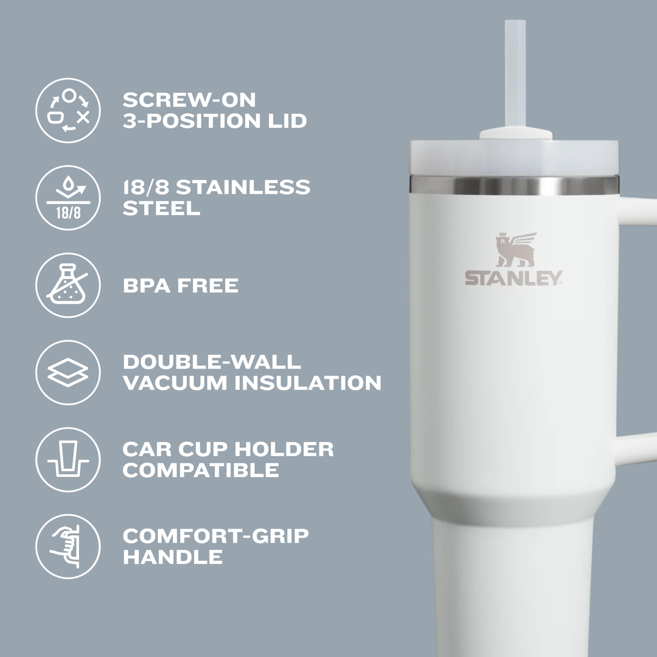 Quencher H2.0 Tumbler with Handle and Straw 40 oz | Flowstate 3-Position Lid | Cup Holder Compatible for Travel | Insulated Stainless Steel Cup | BPA-Free | Peony