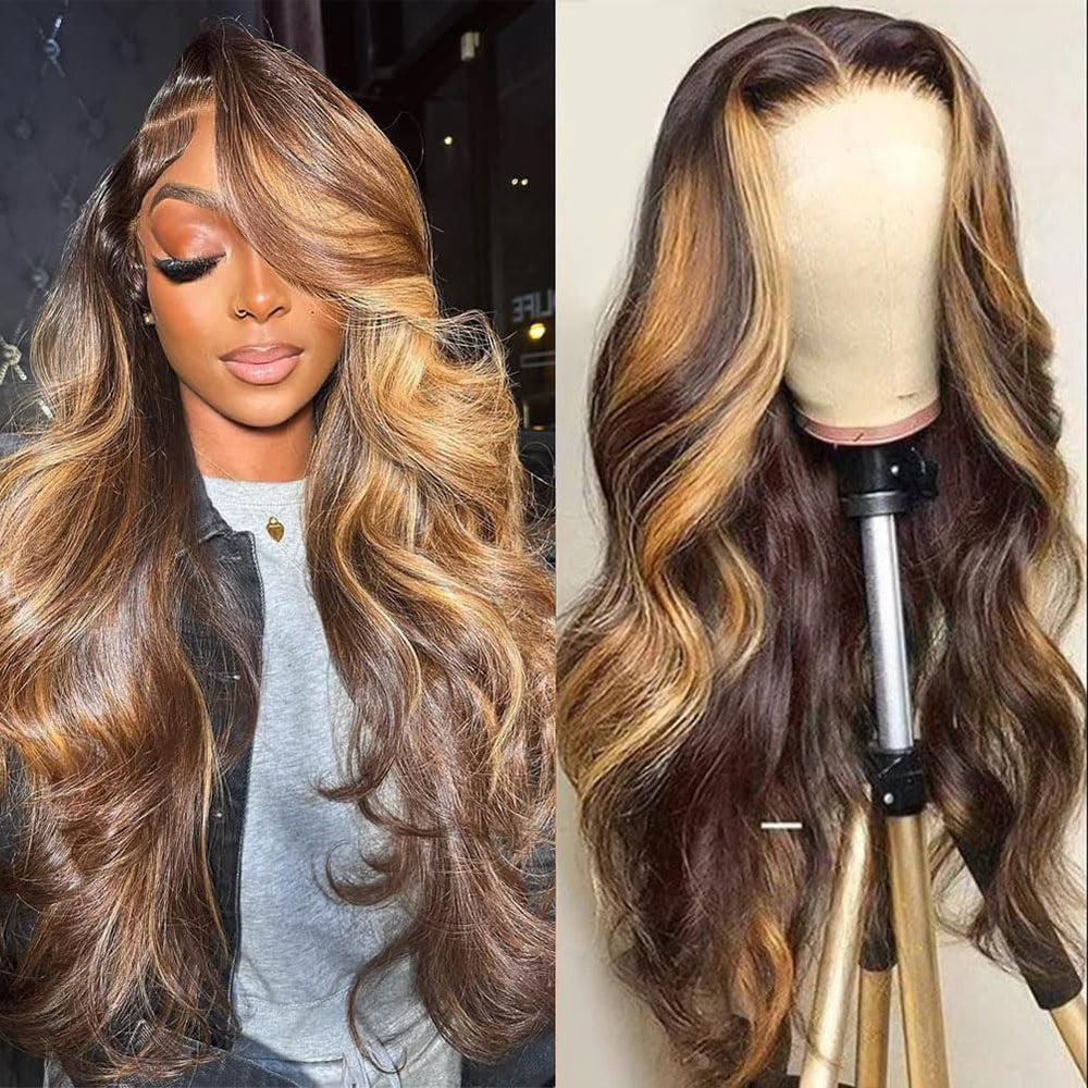 4/27 Highlight HD Lace Front Wigs Human Hair Pre Plucked 13x4 Body Wave Frontal Wig with Baby Hair 180% Density Ombre Brown and Honey Blonde Human Hair Wigs for Black Women 26 Inch
