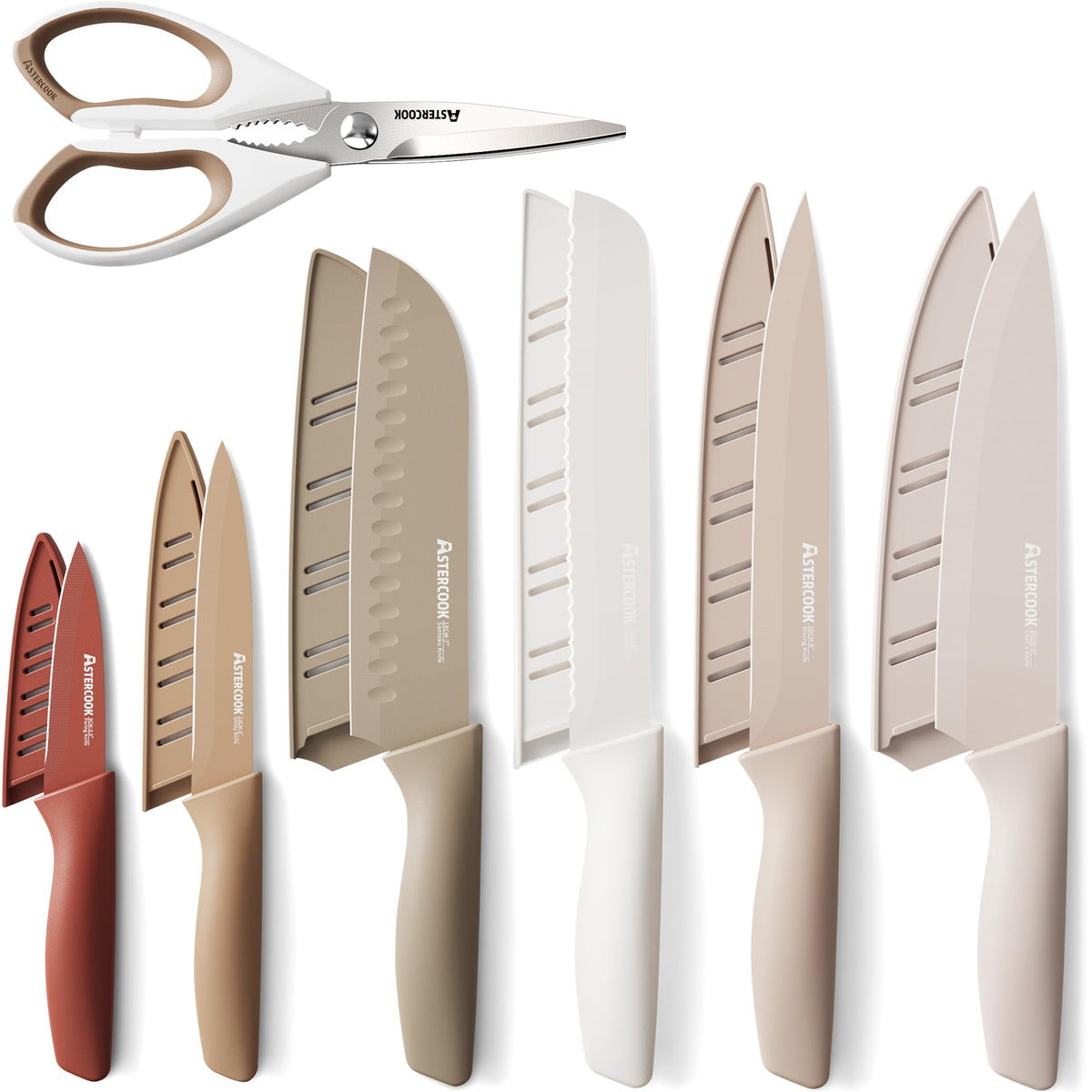 []Astercook Knife Set, 13 Pieces Kitchen Knives Set with Healthy Anti-Rust Coating, Dishwasher Safe, Stainless Steel Chef Knife Sets with 6 Blade Guards, Perfect Holiday Gifts for Kitchen