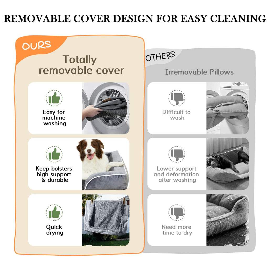 Orthopedic Dog Bed for Extra Large Dogs 42x30 Inch, Waterproof Egg Crate Foam XL Pet Bed with Removable Bolsters, Dog Couch with Washable Cover & Non-Slip Bottom, Grey