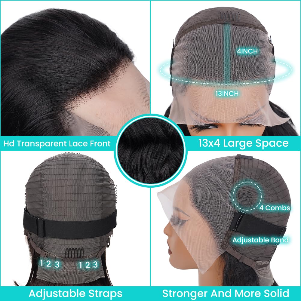Body Wave Lace Front Wigs Human Hair Pre Plucked 13x4 HD Transparent Lace Frontal Wig with Baby 180% Density Brazilian Virgin Human Hair Lace Front Wigs for Women Natural Black Color 24 Inch