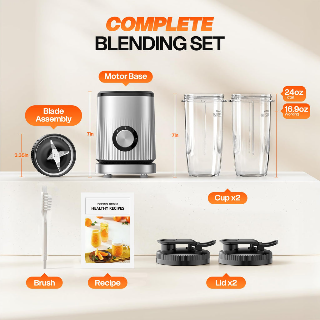 Blender for Smoothies Portable Personal Blender for Shakes and Smoothies for Kitchen with 2 * 24oz Portable Cups and Extra Lid, Smoothie Maker Machine for Juices, Baby Food, Nutritious Recipe