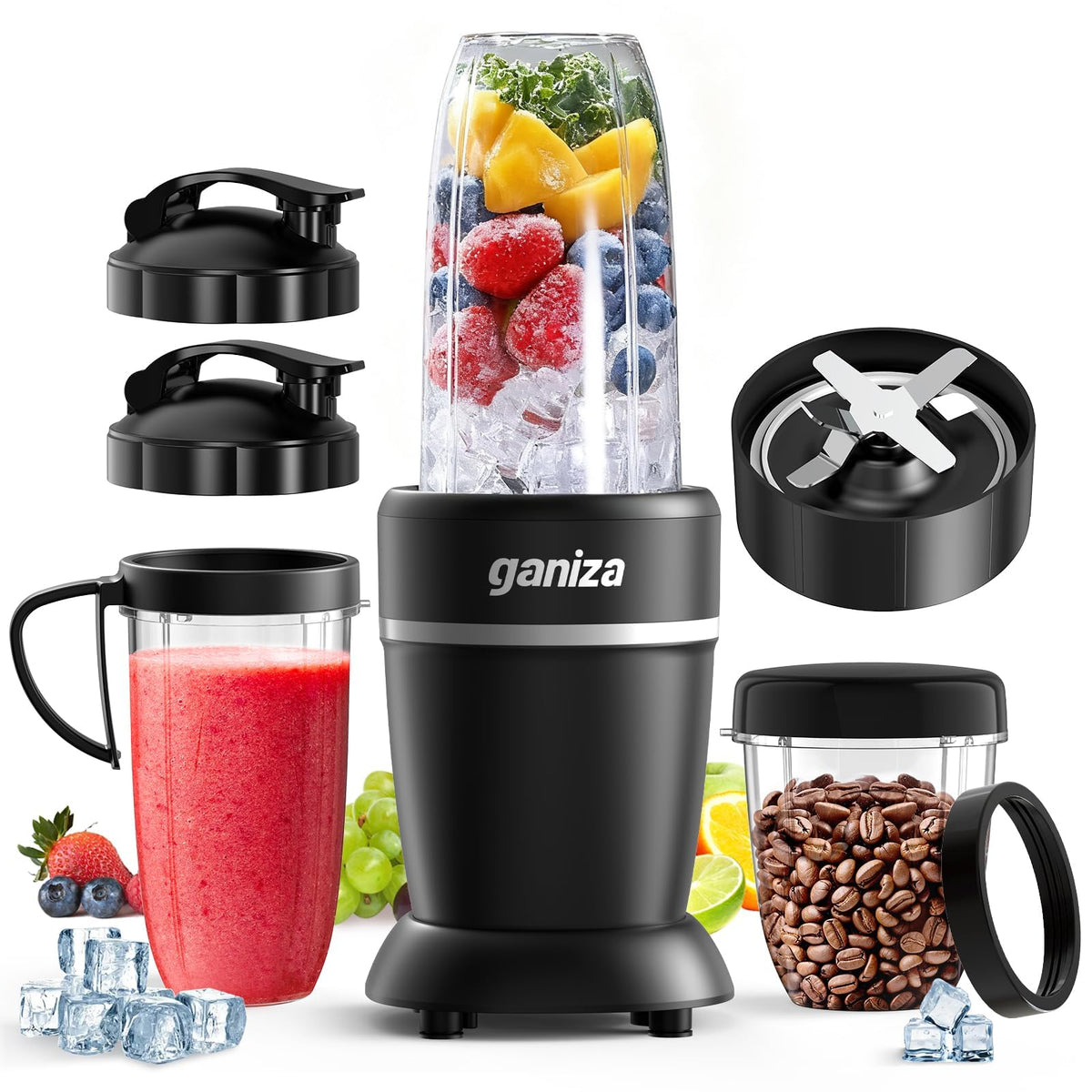 Ganiza Smoothie Blender, Max 1300 Watt Personal Blender and Grinder Combo for Kitchen, Portable Maker for Smoothies, Shakes, Frozen Drinks, Sauces with 6-Leaf Blade, 23 oz, (2) 37 oz To-Go Cups