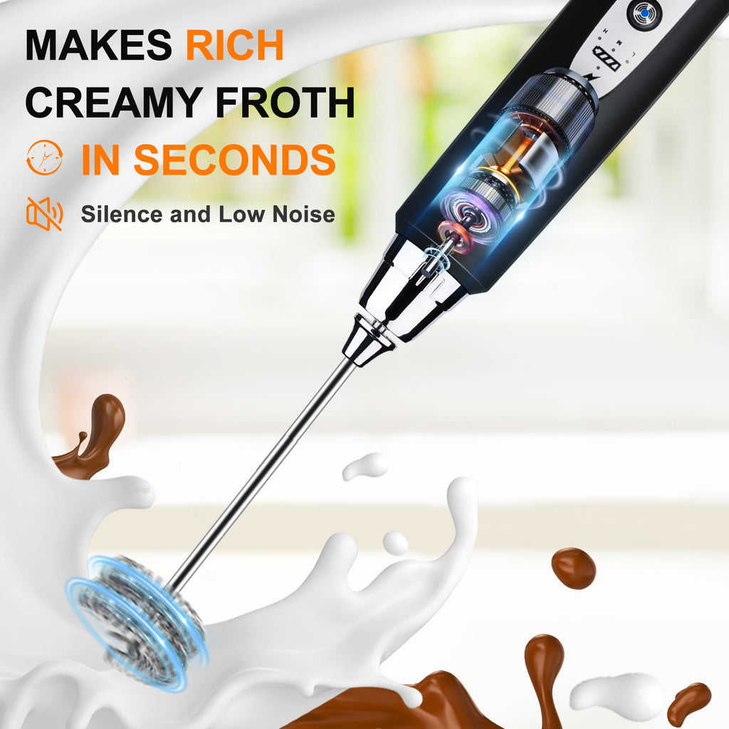 Black Handheld Milk Frother Wand for Coffee, Rechargeable Electric Whisk with 3 Heads 3 Speeds Drink Mixer Coffee Frother For Latte, Cappuccino, Hot Chocolate, Egg