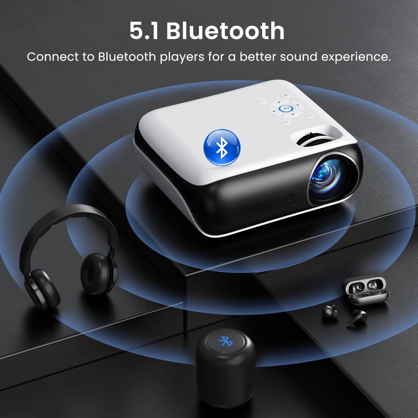 Native 1080P Projector, Bluetooth Home Theater Movie Projector with Built-in Speaker, Compatible with Smartphone, HDMI, Fire Stick, PS5, Indoor & Outdoor Use - Without Google TV System