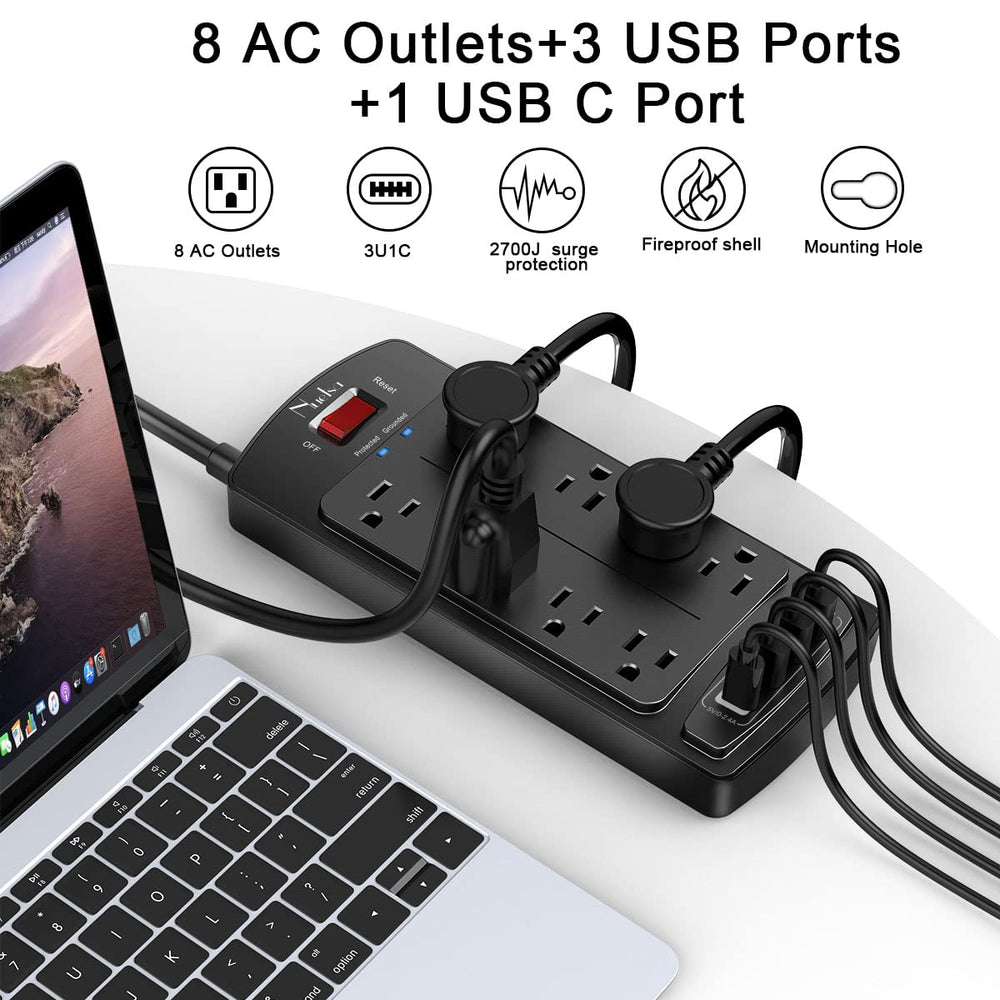 Surge Protector Power Strip - Nuetsa Flat Plug Extension Cord with 8 Outlets and 4 USB Ports, 6 Feet Power Cord, 2700 Joules, ETL Listed, Black